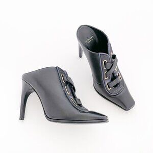 Versace Lace Up Mules EU 37 US 7 Black High Heels Square Toe Slip On Backless